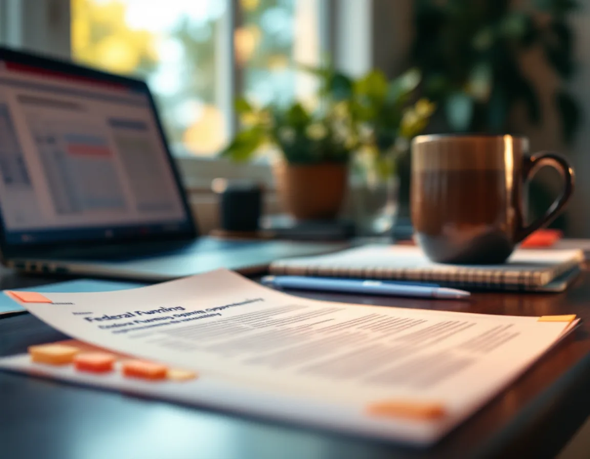 A printed funding notice marked with coral highlighter and sticky tabs on a writer’s desk, a budget spreadsheet softly blurred behind it