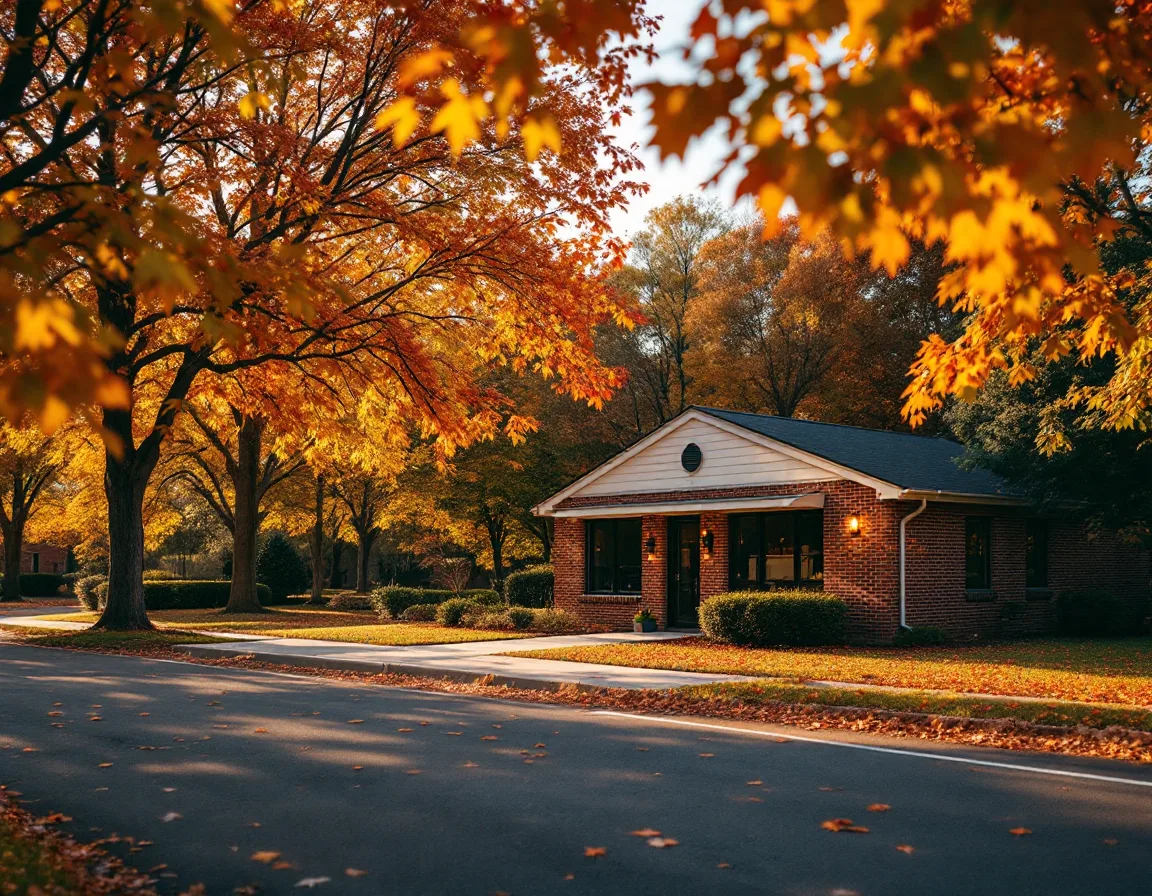 A small brick office on a tree-lined Greensboro road in October light