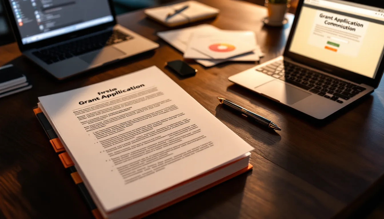 A finished grant package laid out on a walnut table — narrative, tabbed budget pages, logic model, and signed letters of support