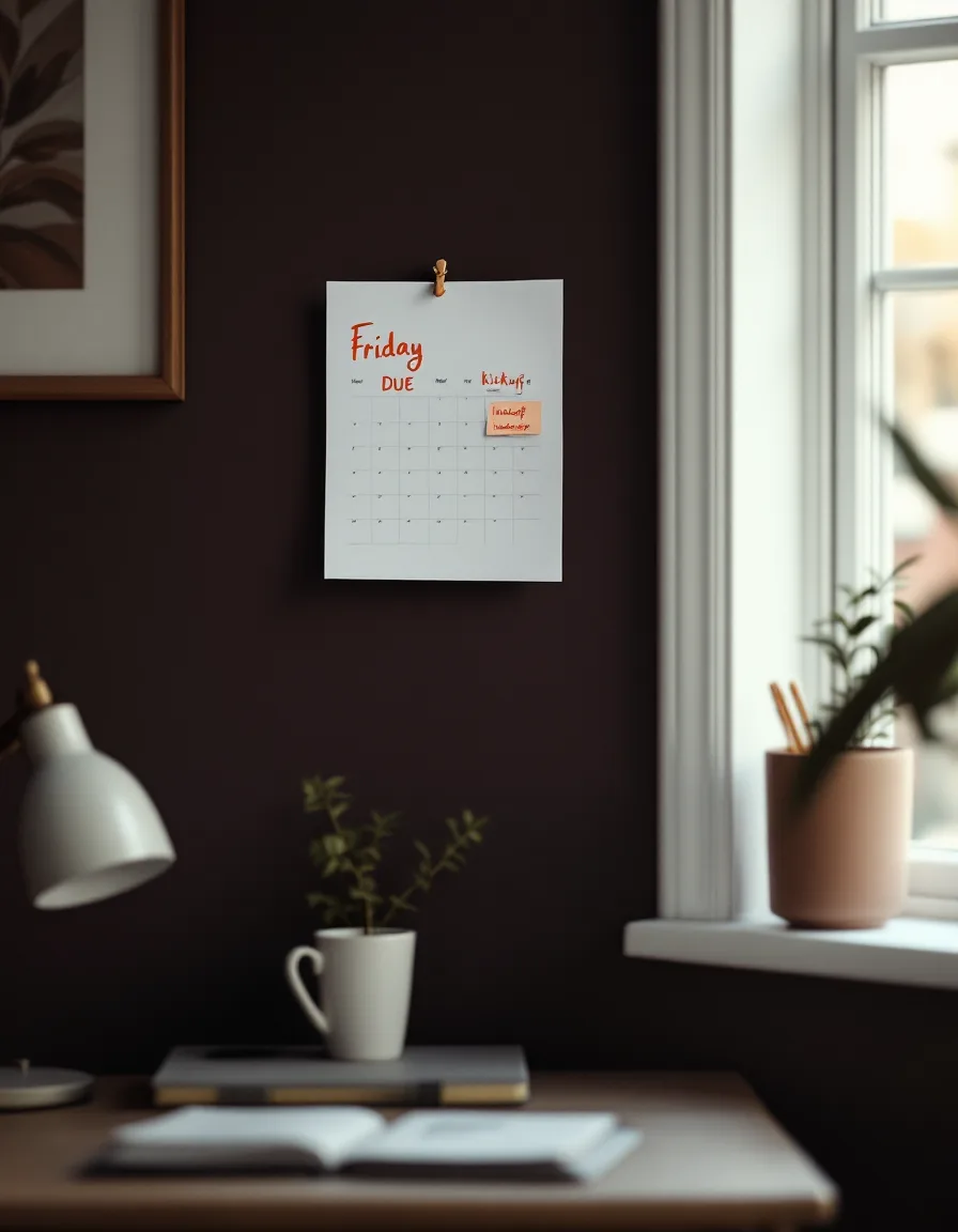 A wall calendar with a Friday circled in coral marker and the word due written beside it, earlier weeks crossed off